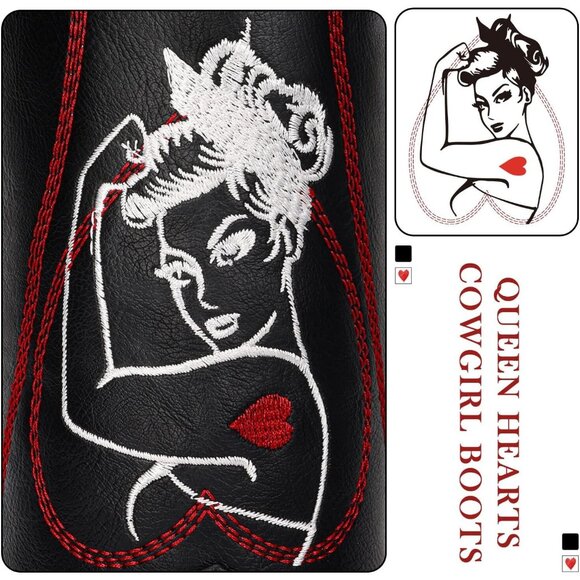 🆕Women Black Faux Leather Mid Calf Cowboy with Queen of Hearts Embroidery Boots - Picture 4 of 7